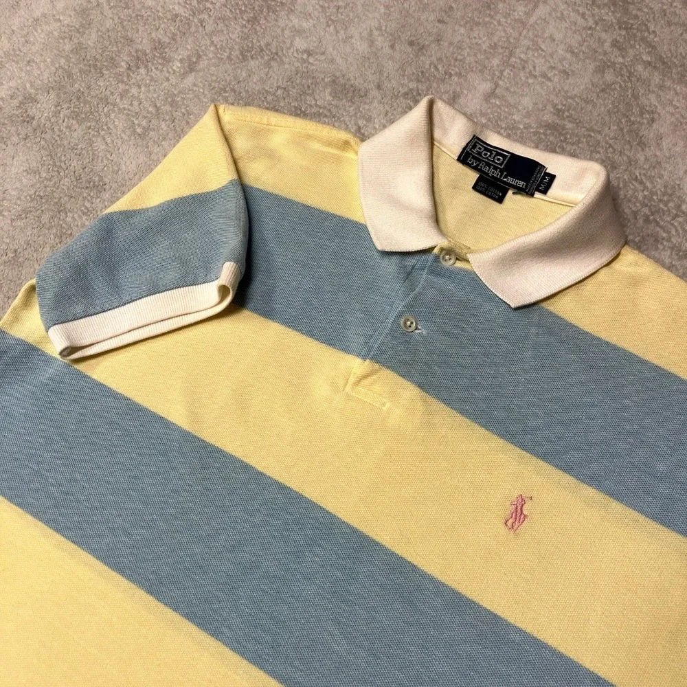 Vintage 80s Polo Ralph Lauren Pique Polo Shirt Yellow Blue Striped Mens Medium
